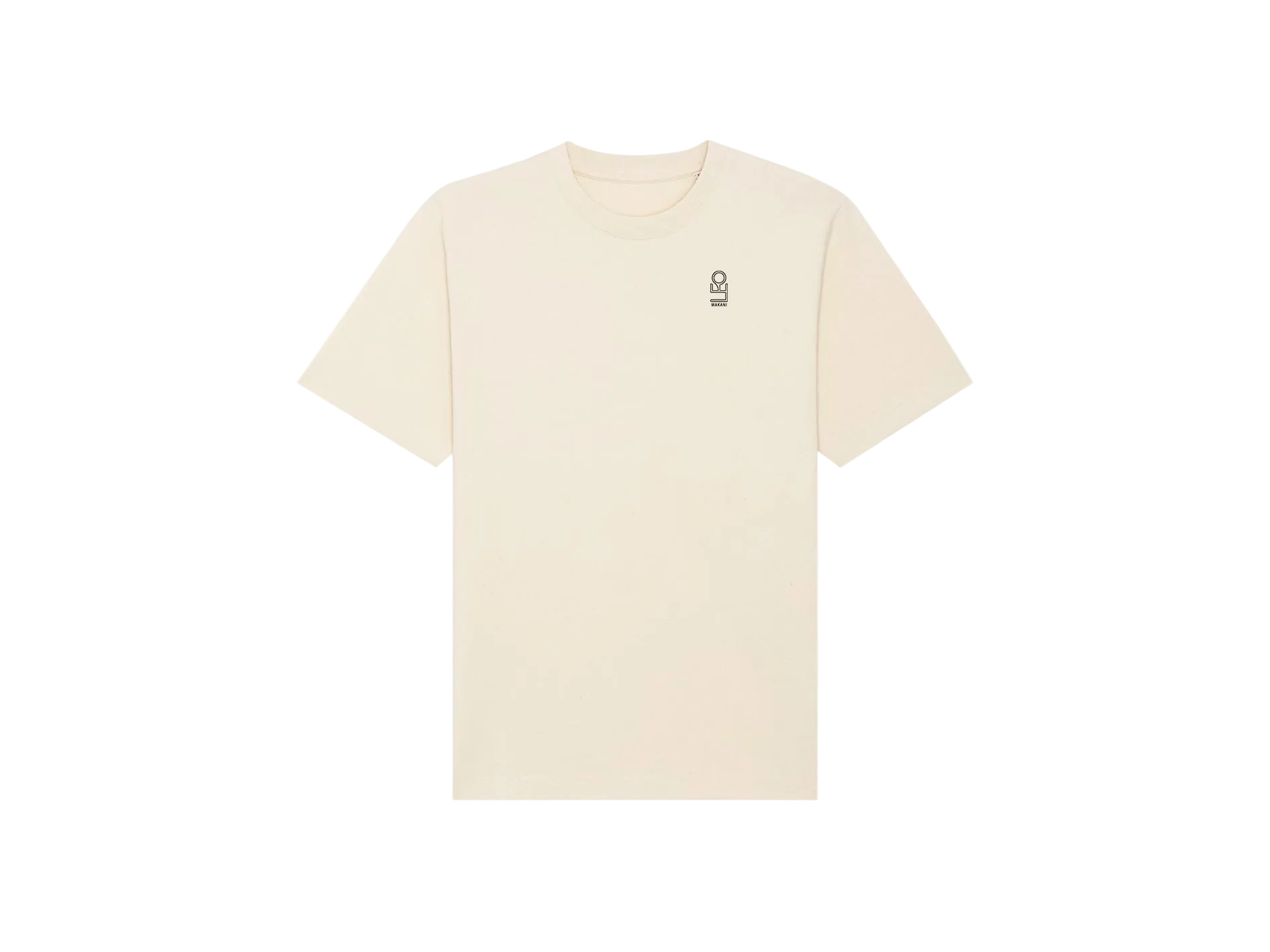 Licht beige t-shirt, unisex, geborduurd logo op de borst.