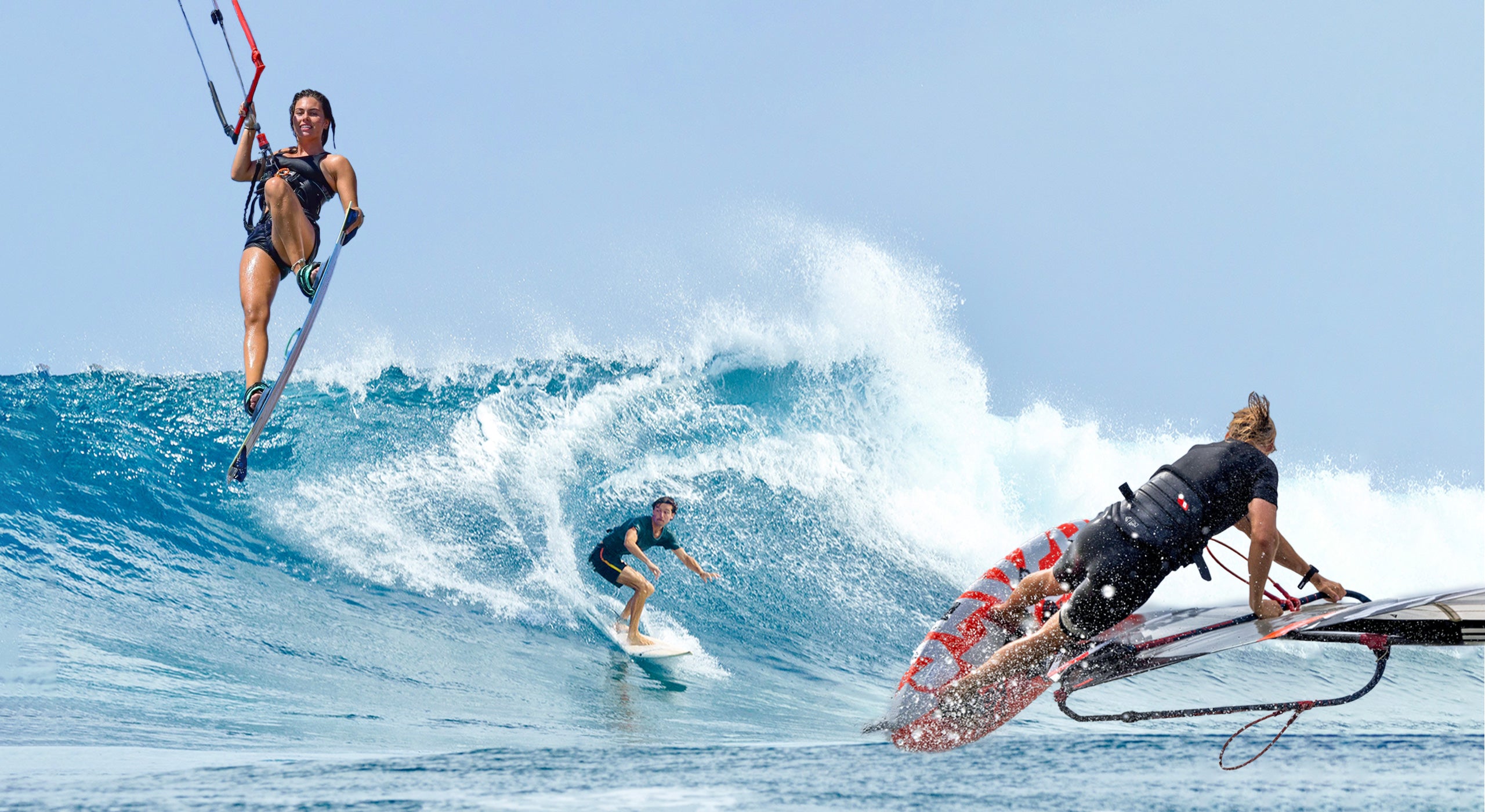 Kitesurfer, golfsurfer en windsurfer, met een blauwe golf op de achtergrond
